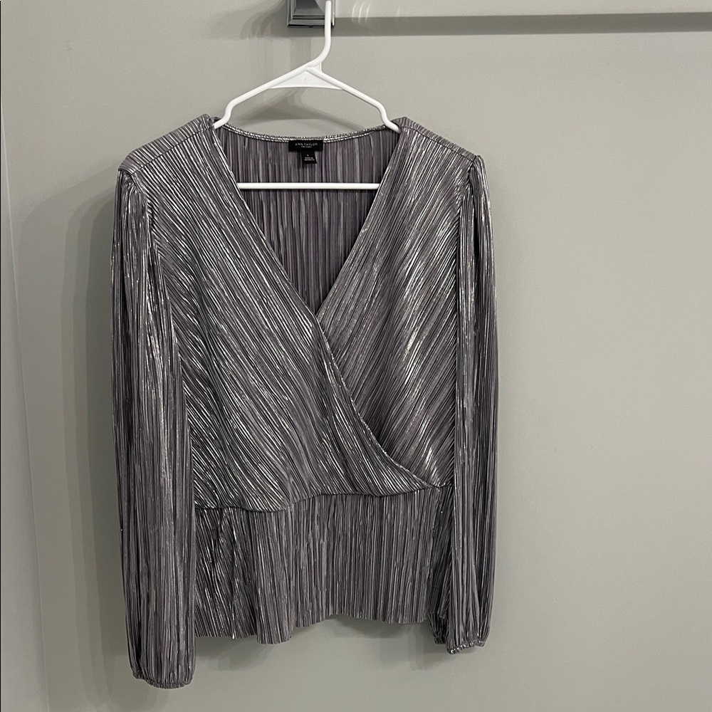 Ann Taylor Factory Metallic Silver Pleated Top